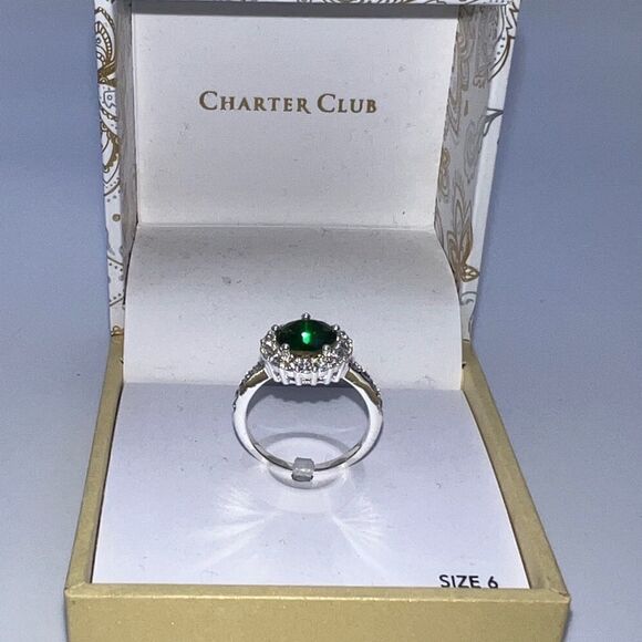 Charter Club Fine Silver Plate Pavé & Round Green Crystal Halo Ring Size 6 New - Picture 2 of 6